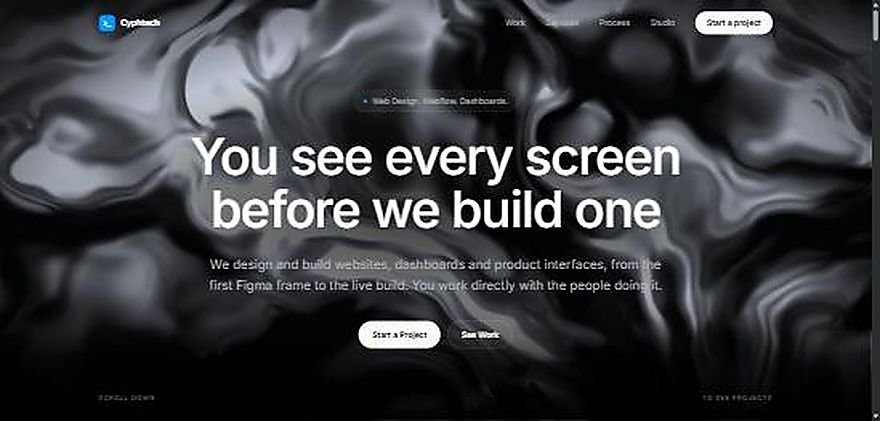 The Cyphtech homepage, a dark hero over a liquid metal render.