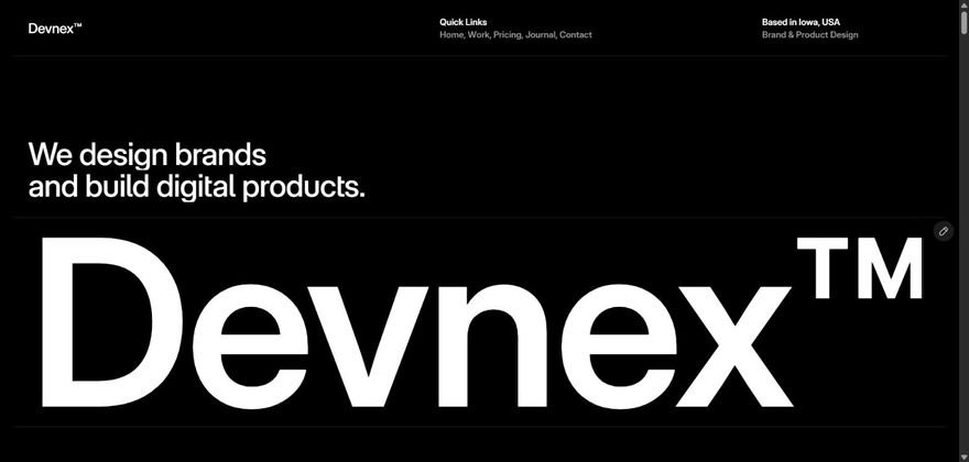The Devnex homepage, an oversized wordmark on black.