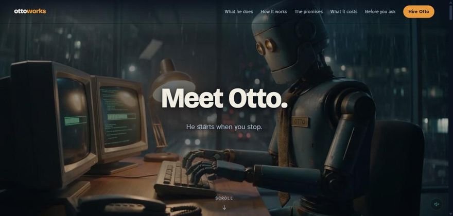 The Otto homepage, a robot at a desk in a rain-lit office.